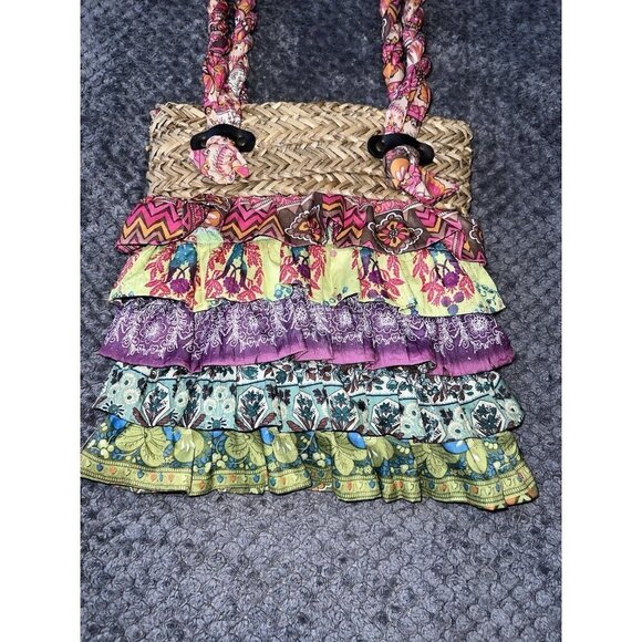 CAPPELLI Straworld Rattan and Multicolor Tiered Ruffles Double Top Handles Bag - Picture 8 of 16